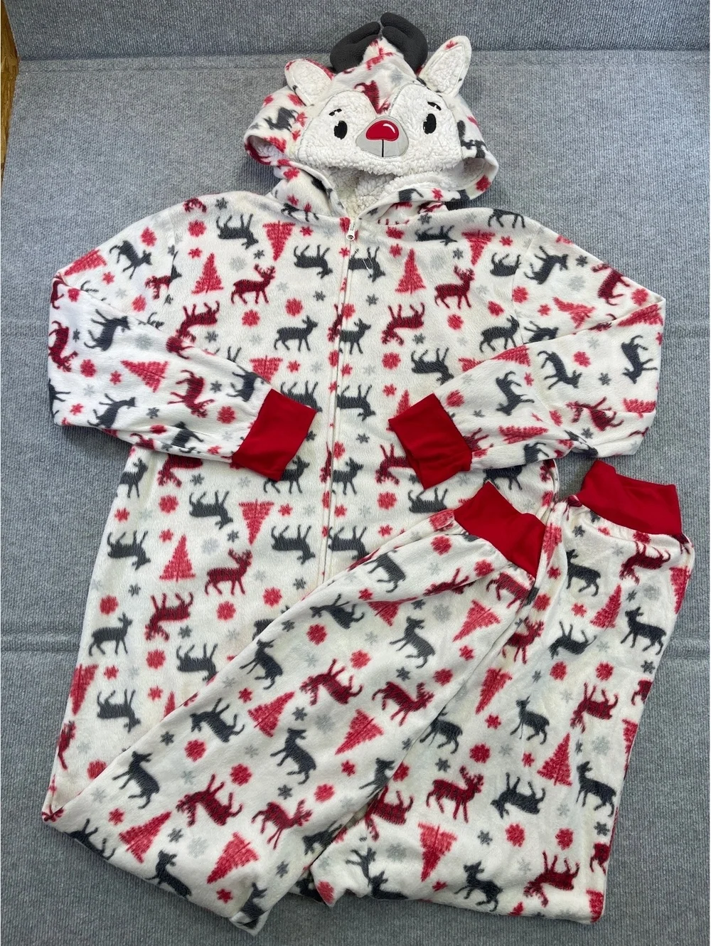 Sleep On It Fleece Hooded One Piece Pajamas Reindeer Christmas Onesie Size Large
